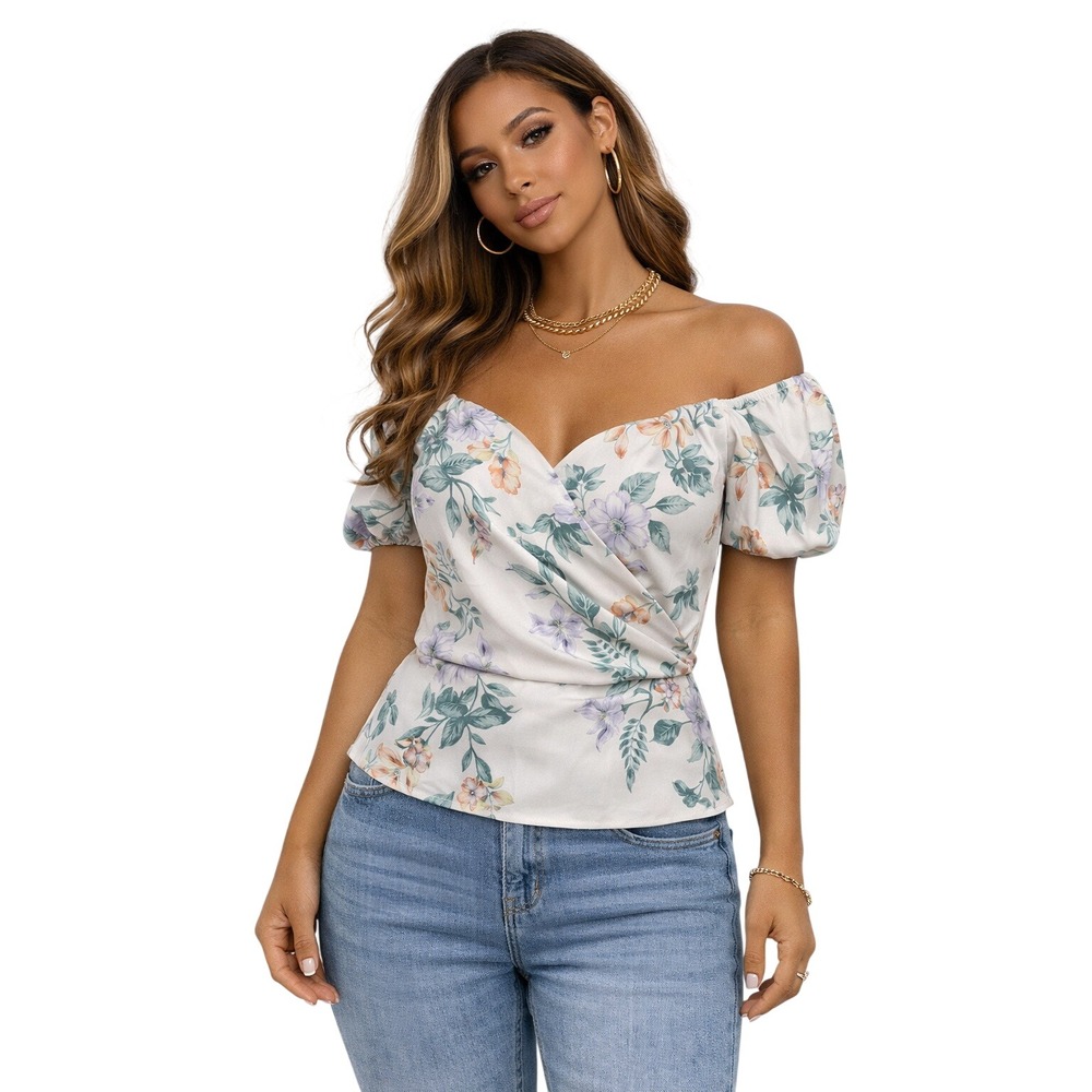 Meraki‎ Floral Off Shoulder Surplice Puff Sleeve Blouse Cream XL